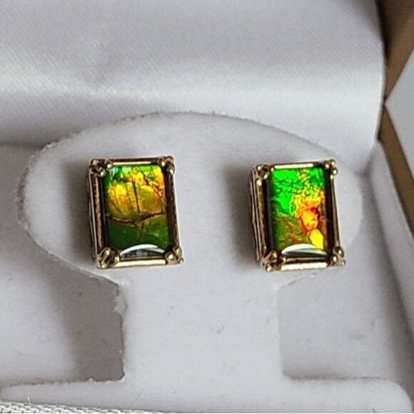 Gems En Vogue Palladium Silver Gold Plate Ammolite Gemstone Square Stud Earrings - Picture 12 of 14
